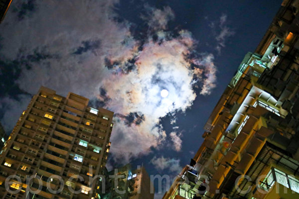 香港稠密高楼群的特殊景观，曾是好莱坞电影变形金钢、攻壳机动队等影片的取景场地之一。图为2017年4月8日晚，香港鲗鱼涌高楼群在明月相伴下，彩云片片的美景。（余钢／媒体）