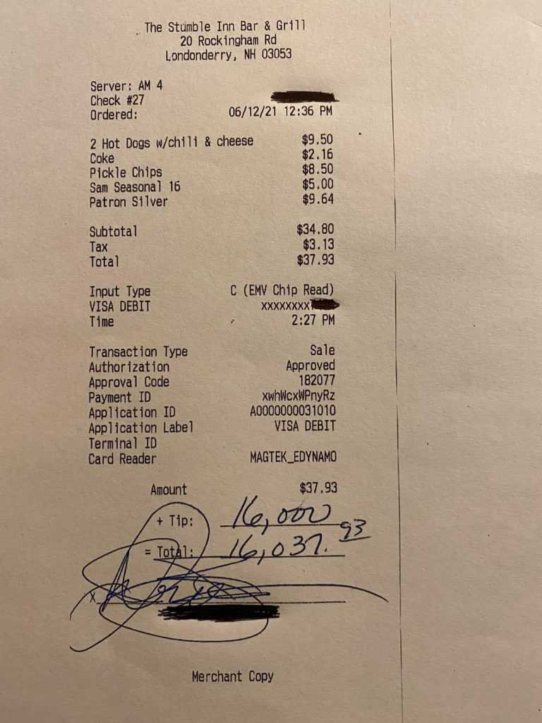 美国一名顾客给了餐厅高达1.6万美元（约台币44.8万元）的小费。 （图／翻摄自Facebook／Michael Zarella）