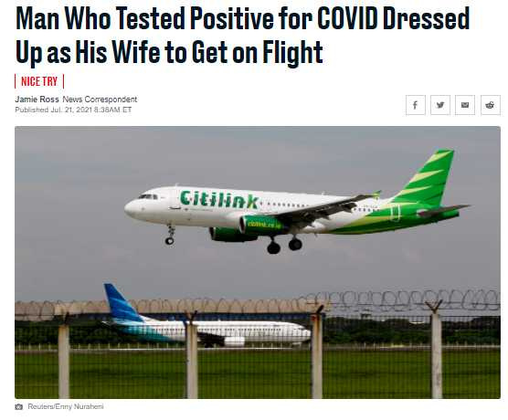 印尼染疫男子假扮妻子成功登机，上厕所脱罩袍后露馅。 （图／翻摄自Daily Beast网页）