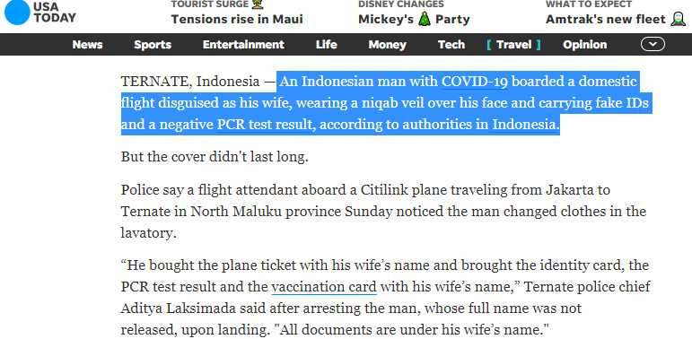 印尼一名男子日前被检测出新冠肺炎，但他近日为了搭机，竟假扮成太太的模样，手持太太的身分登机。 （图／翻摄自USA Today网页）